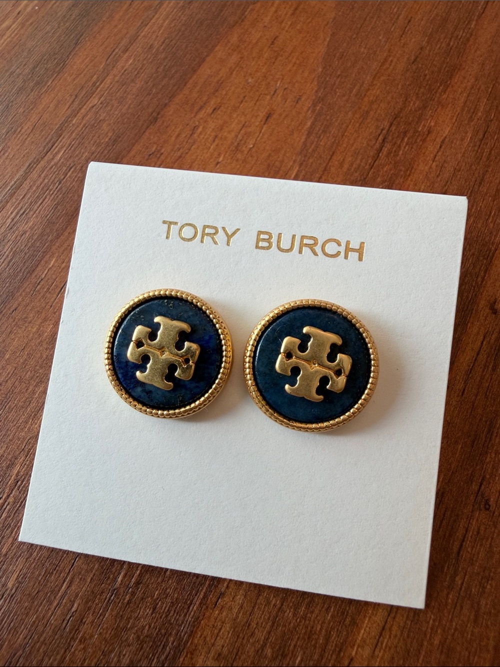 Tory Burch Navy and Gold Logo button lapis stud earrings
